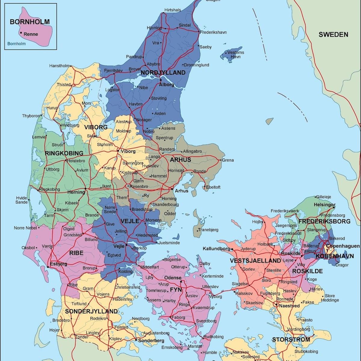 Danmark politiska karta - Karta över danmark politiska (Norra Europa